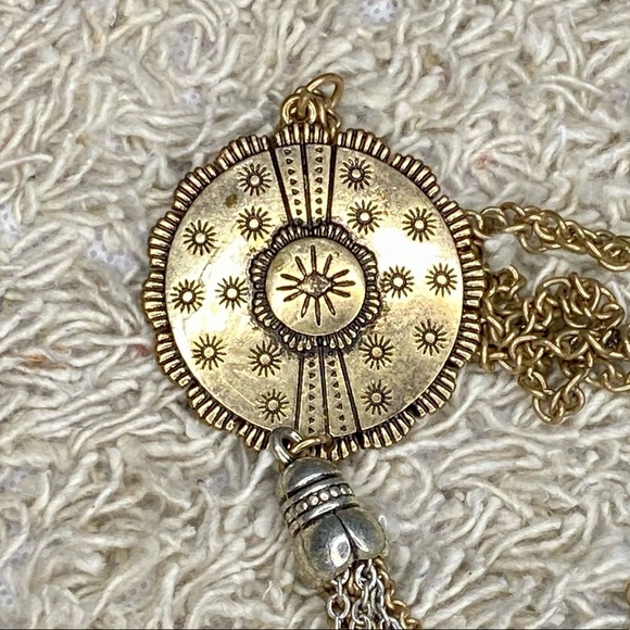 STAMPED METAL ANTIQUE GOLD STYLED CHAIN CELESTIAL LARIAT NECKLACE SILVER ACCENTS - Picture 4 of 6